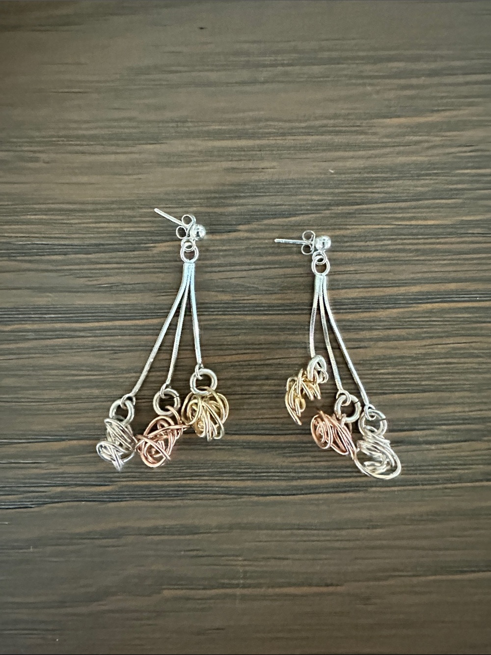 Multi-Tone Dangle Wire Cluster Earrings - Silver, Gold & Rose